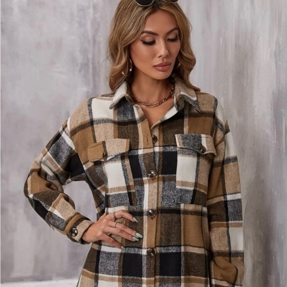 SHEIN Plaid Flap Pocket Drop Shoulder Coat - Picture 3 of 4